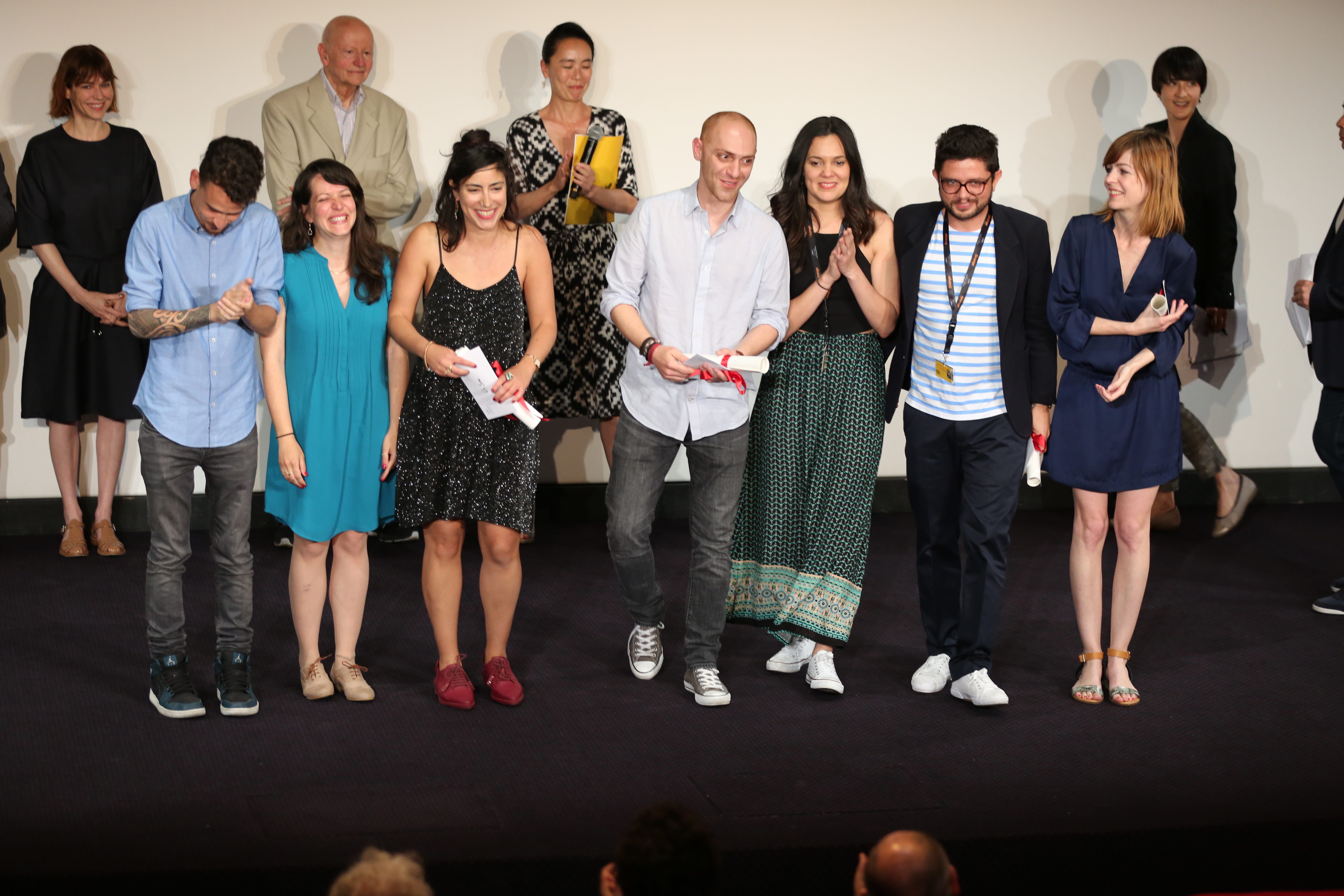 Gilles Jacob on stage with the winners of the 2016 Cinéfondation Awards: Or Sinai, Hamid Ahmadi, Michael Labarca and Nadja Andrasev
