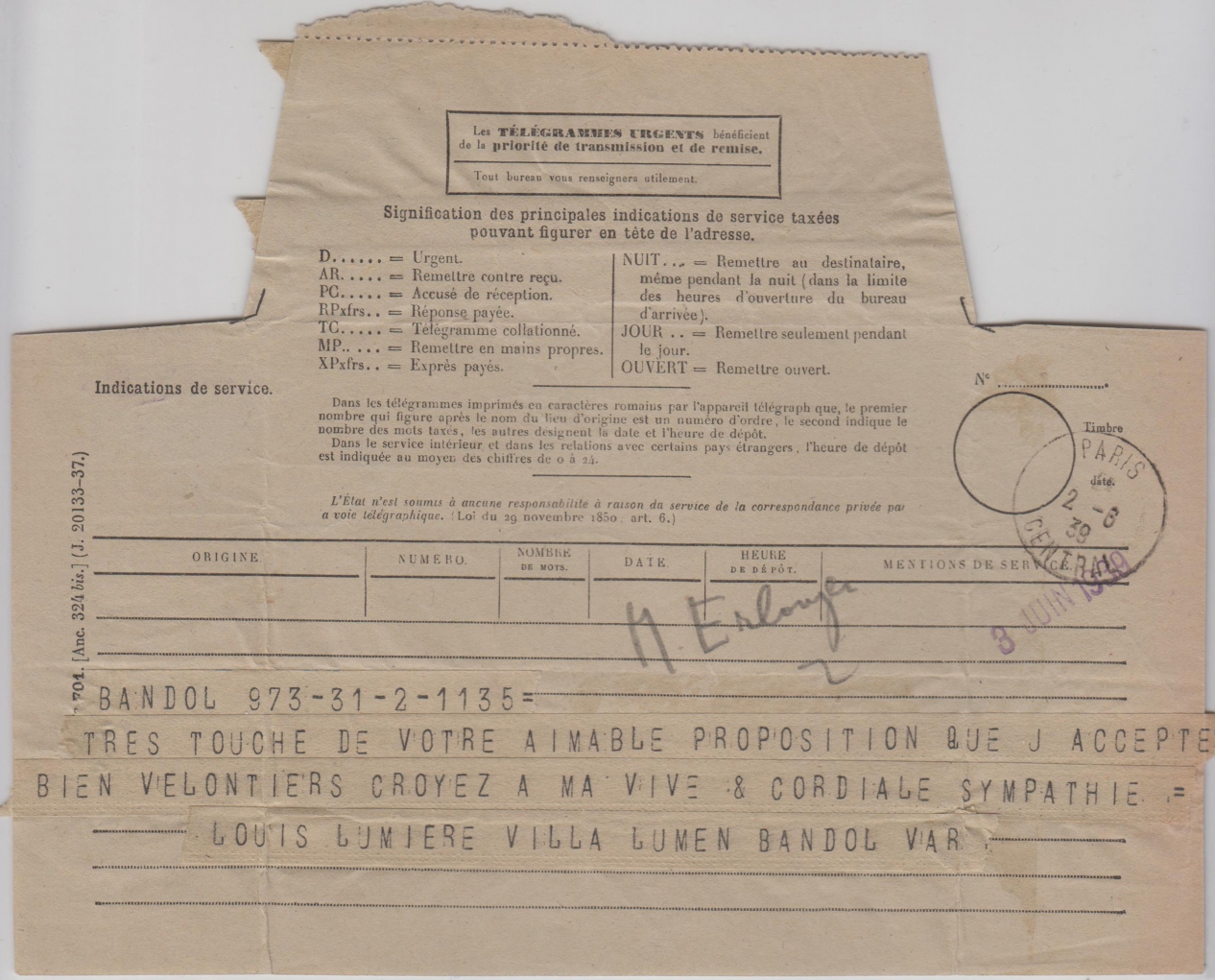 Telegrama de Louis Lumière aceptando la presidencia de honor del Festival, fechado el 2 de junio de 1939